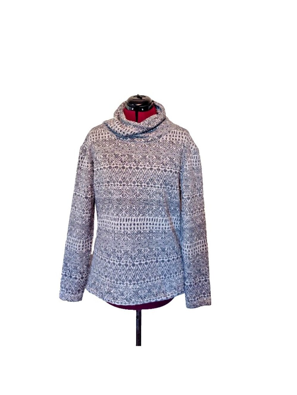 Columbia Womens Funnel Neck Sweater Size Medium Gray White High Low Hem Pullover